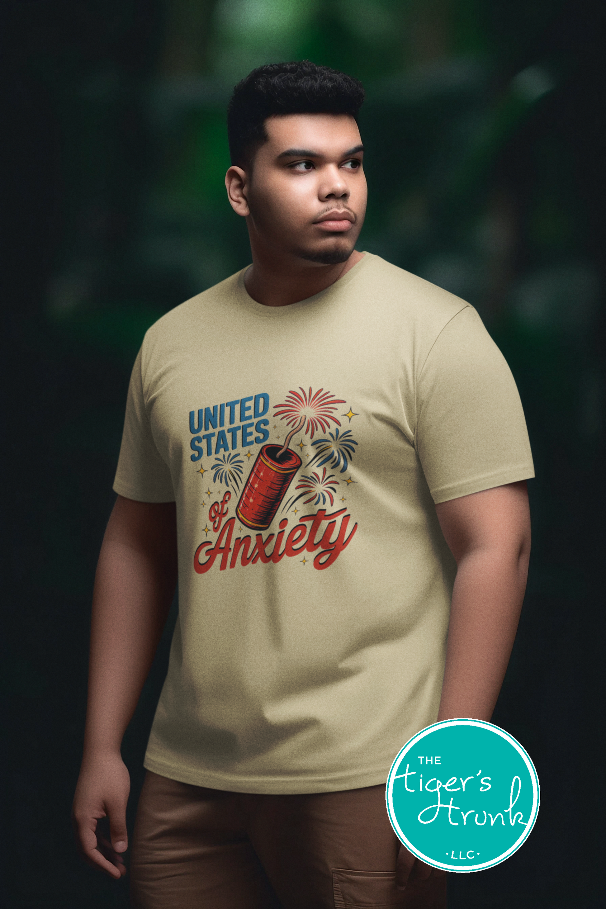 T-shirt with firework graphic and text reading United States of Anxiety, sarcastic patriotic mental health design