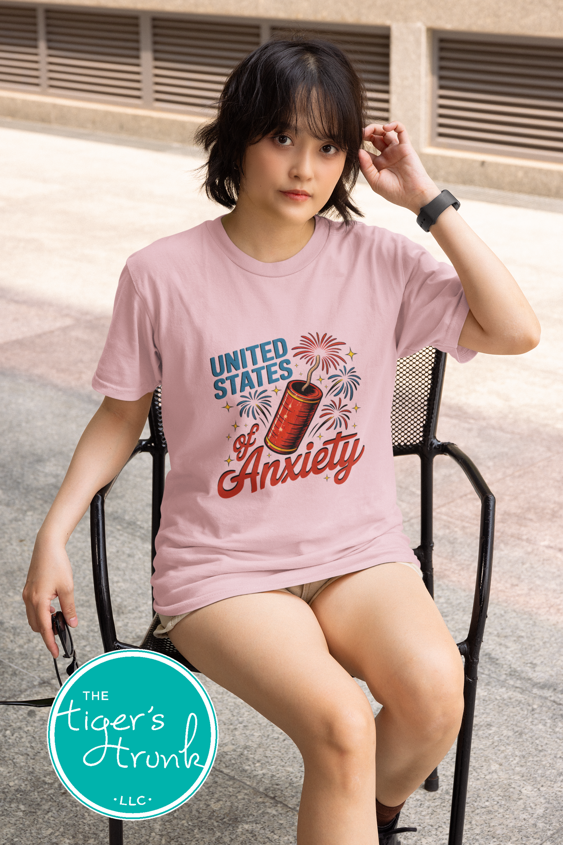 T-shirt with firework graphic and text reading United States of Anxiety, sarcastic patriotic mental health design