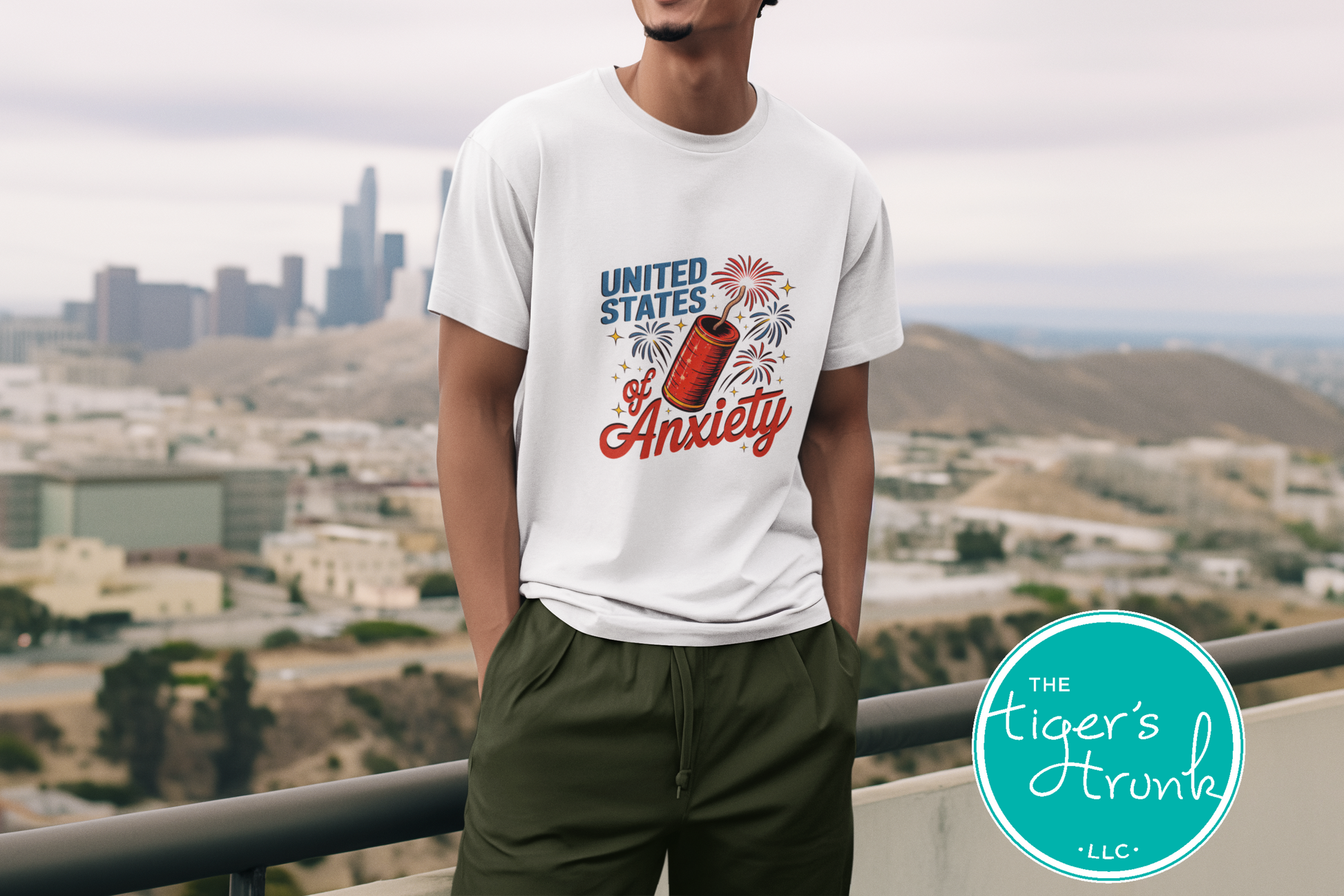 T-shirt with firework graphic and text reading United States of Anxiety, sarcastic patriotic mental health design