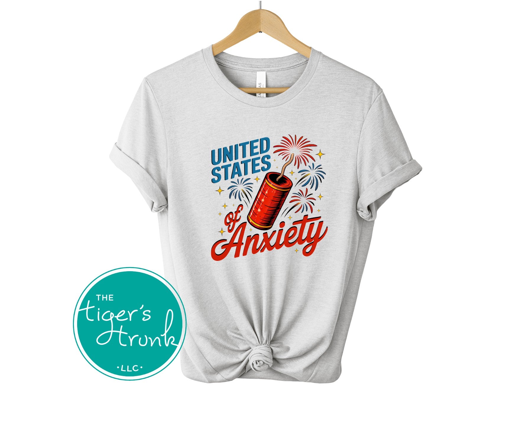 T-shirt with firework graphic and text reading United States of Anxiety, sarcastic patriotic mental health design