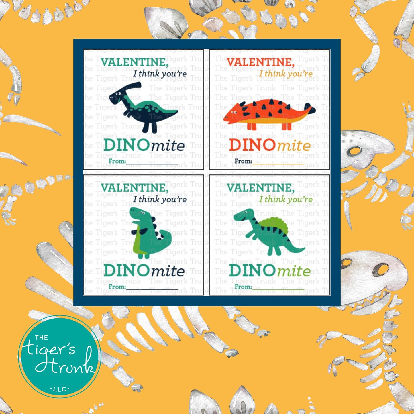 Printable Valentine tags with colorful dinosaur designs and the phrase "Valentine, I Think You’re DINOmite!" Perfect for kids, instant download.