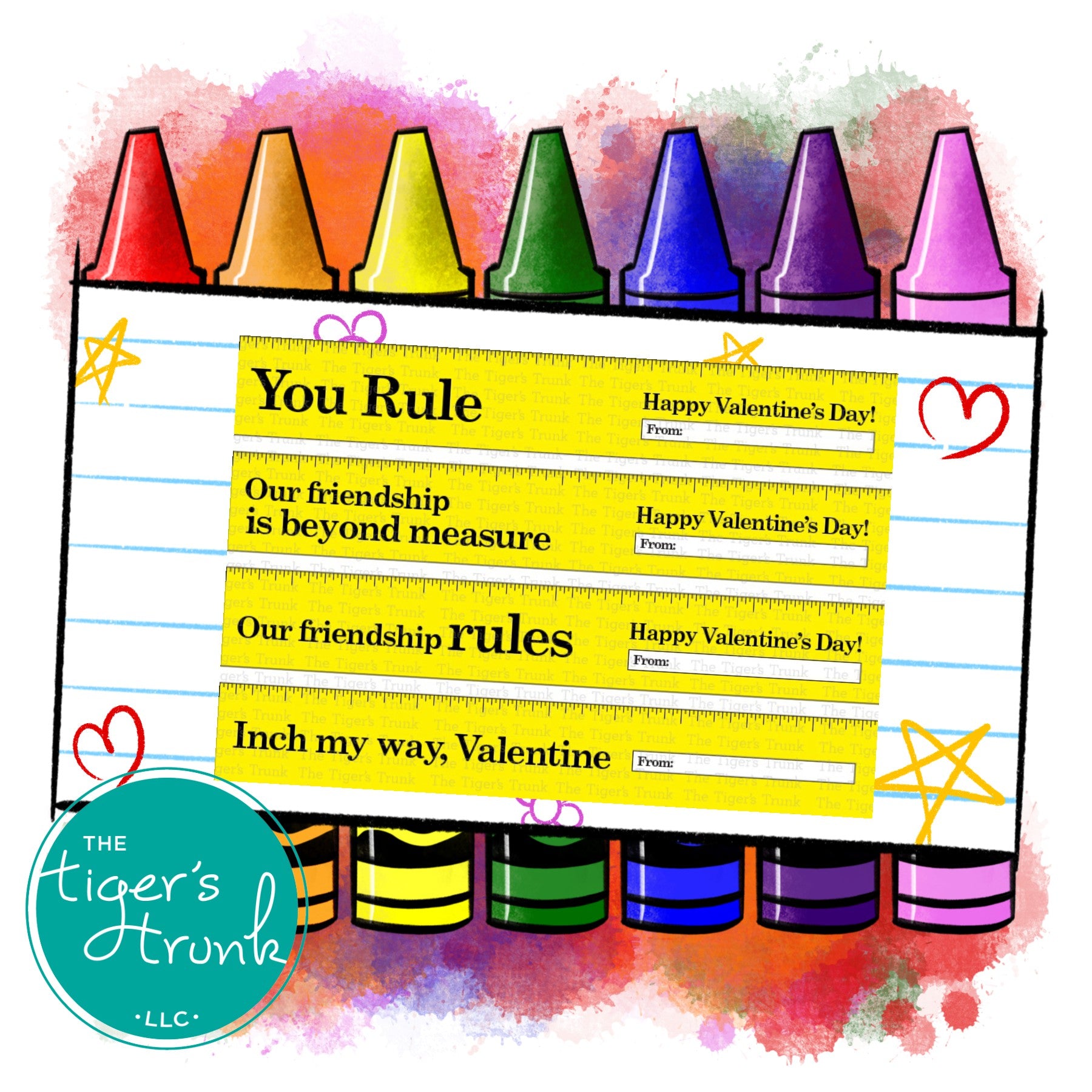 Printable ruler-themed Valentine’s cards featuring messages like "You Rule" and "Our Friendship is Beyond Measure."