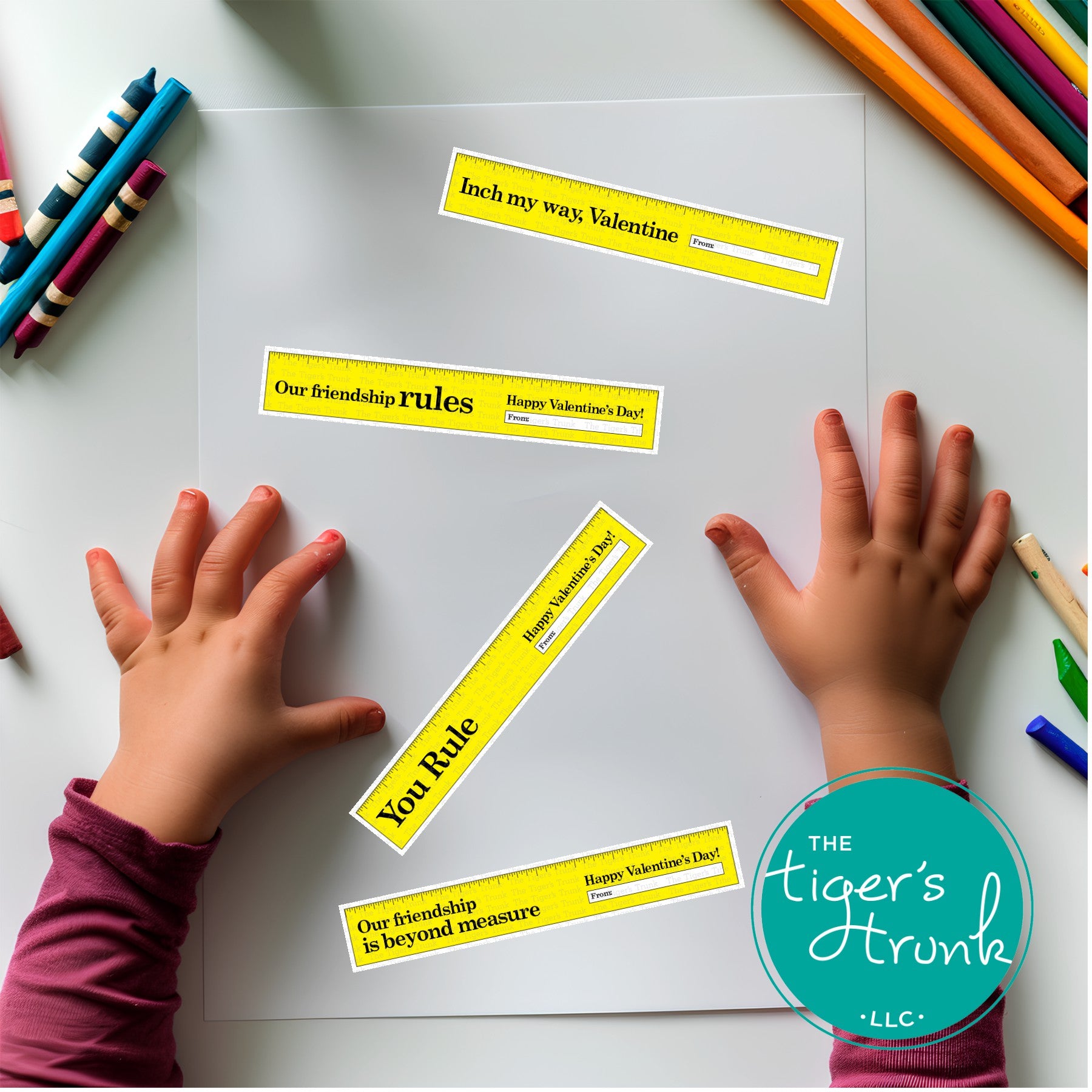 Printable ruler-themed Valentine’s cards featuring messages like "You Rule" and "Our Friendship is Beyond Measure."