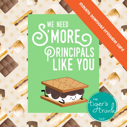 Printable Principal Appreciation card with a s’more theme and a fun thank-you message, available as an instant digital download in PDF format.