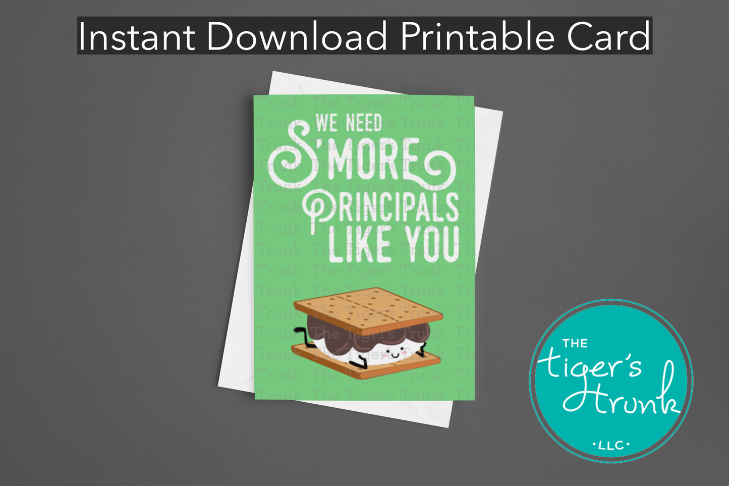 Printable Principal Appreciation card with a s’more theme and a fun thank-you message, available as an instant digital download in PDF format.