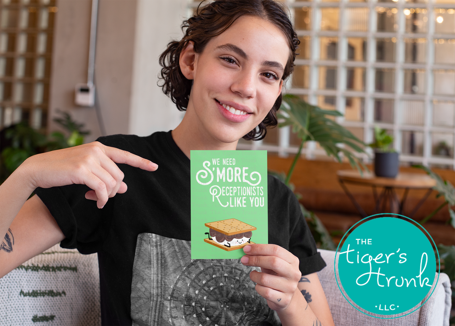 Printable receptionist card with message "We Need S'more Receptionists Like You," s’mores theme, ideal for snack gifts or appreciation days