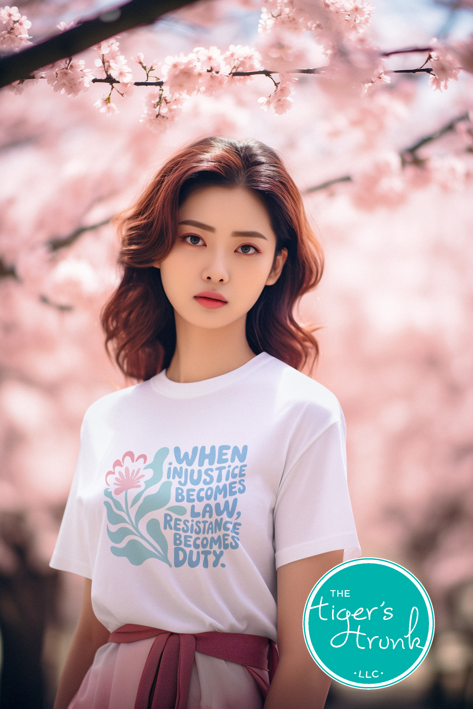 Woman wearing a white t-shirt with a graphic design and text, standing under cherry blossom trees.
