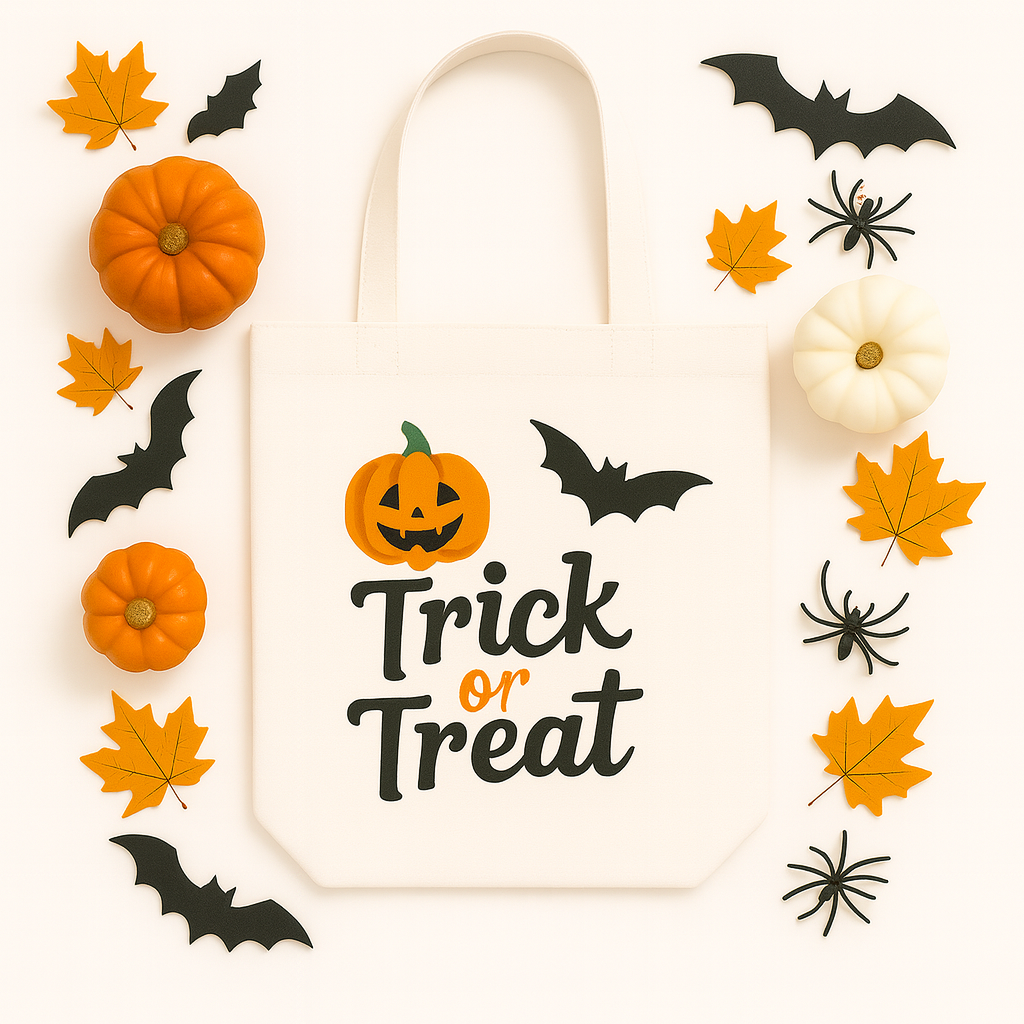 White Canvas Bag Mockup PNG with Halloween Décor