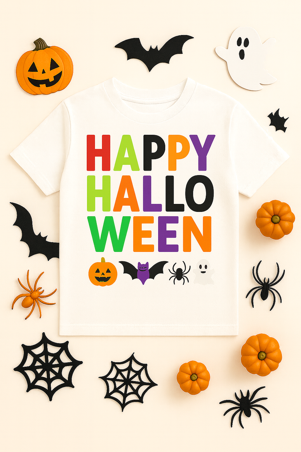 White Youth Shirt Mockup PNG with Halloween Décor