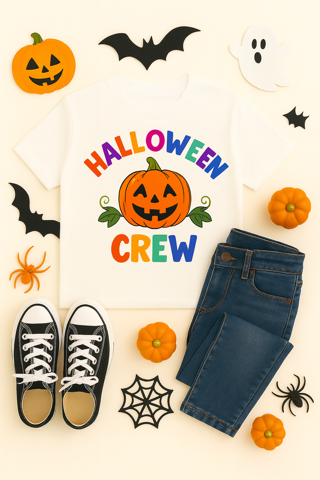 White Youth Shirt Mockup PNG with Halloween Décor