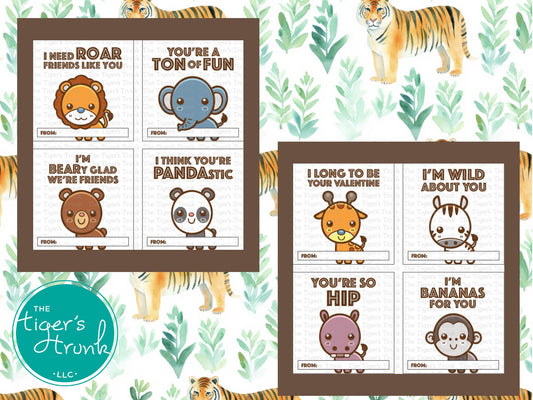 Printable Valentine tags with animal-themed puns, instant download, perfect for classroom Valentine gifts, non-candy treats, and party favors.
