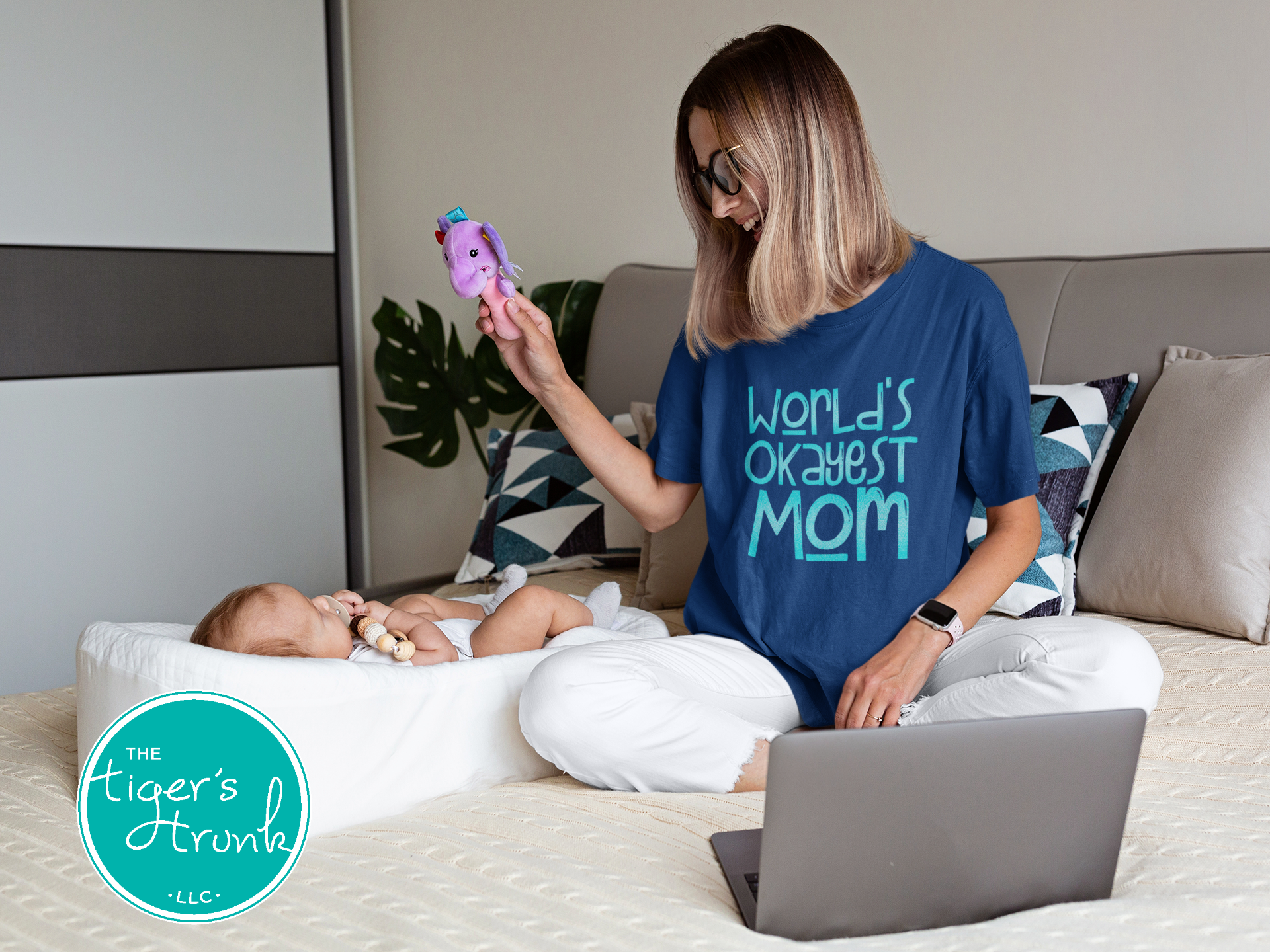 T-shirt with "World’s Okayest Mom" funny and casual design, perfect for Mother's Day, birthdays, or everyday mom life wear