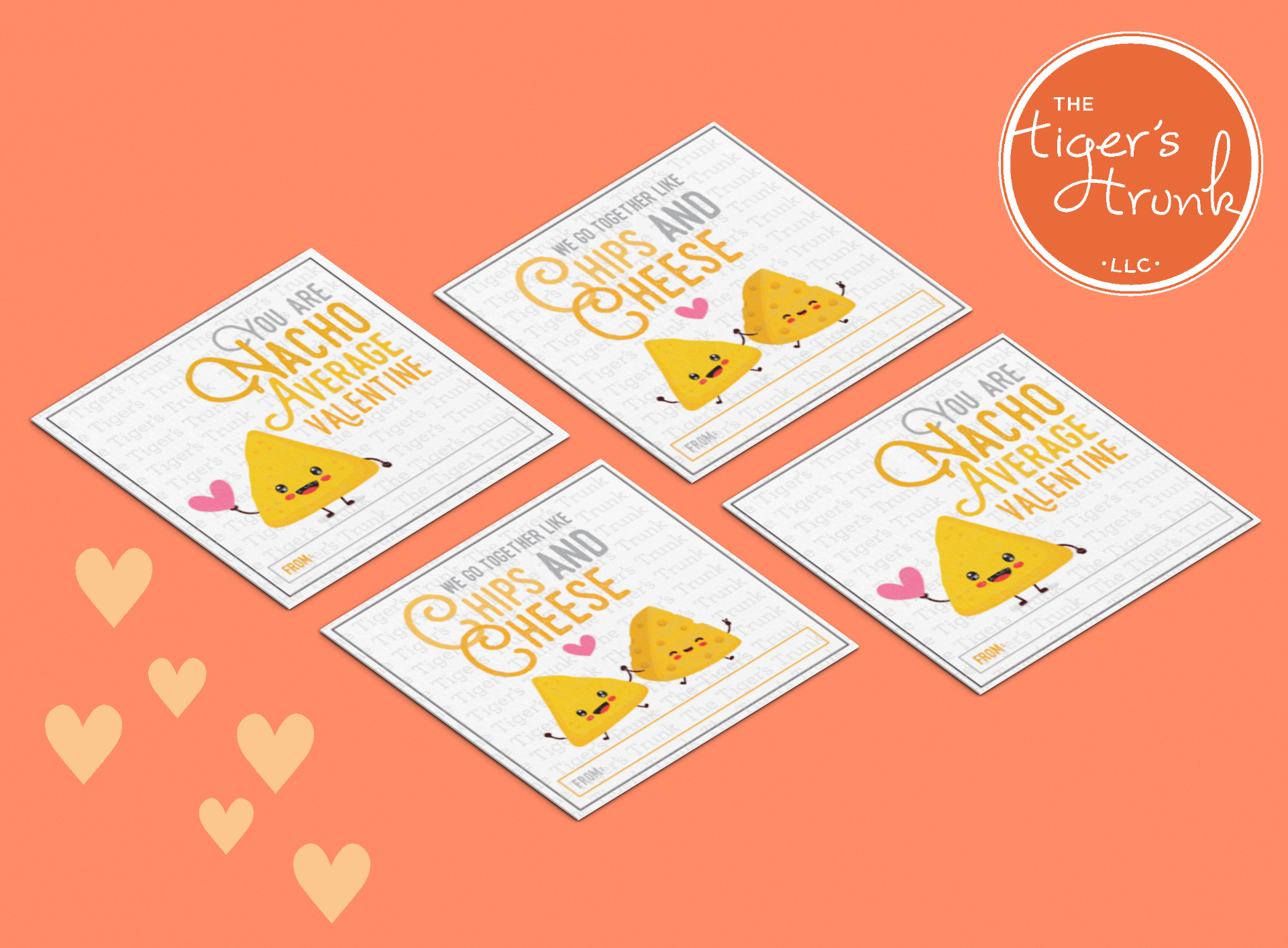 Nacho and chip-themed Valentine tags with phrases like "You Are Nacho Average Valentine," perfect for treat bags.
