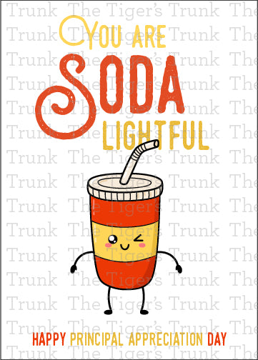 Printable Principal Appreciation card with a soda theme and a fun thank-you message, available as an instant digital download in PDF format.