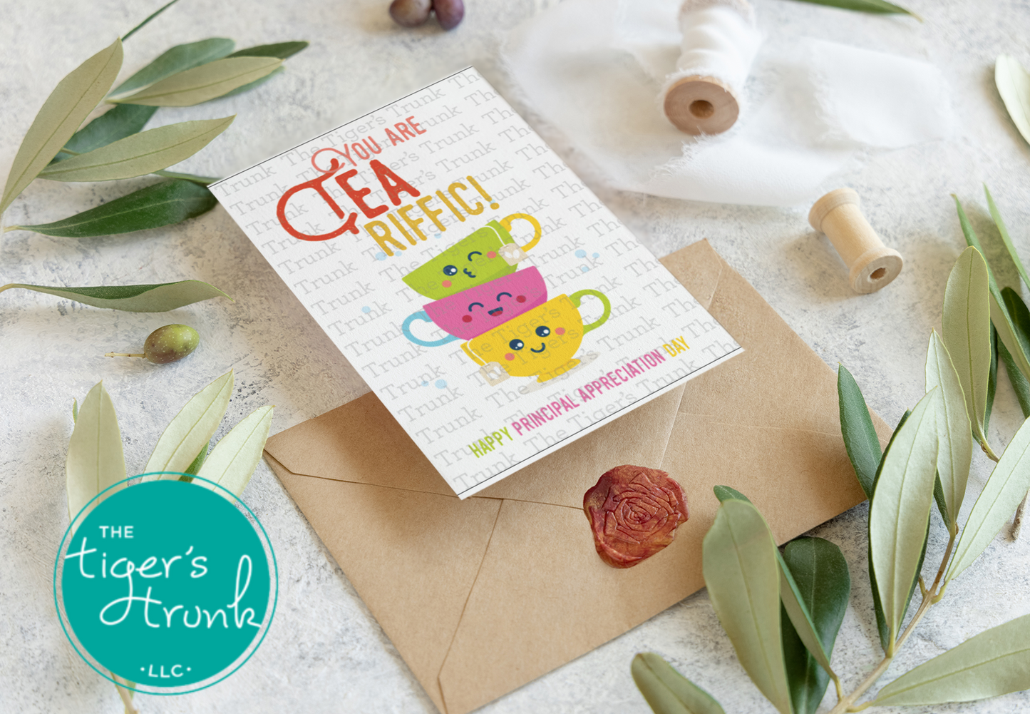Printable Principal Appreciation card with a tea theme and a fun thank-you message, available as an instant digital download in PDF format.