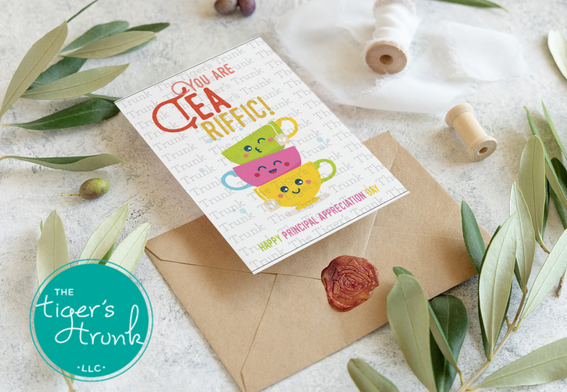 Printable Principal Appreciation card with a tea theme and a fun thank-you message, available as an instant digital download in PDF format.