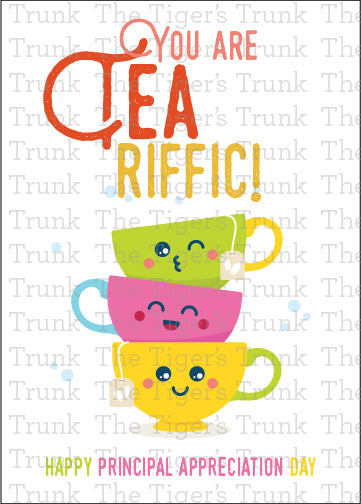 Printable Principal Appreciation card with a tea theme and a fun thank-you message, available as an instant digital download in PDF format.