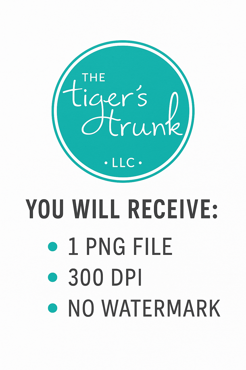 Promotional text for 'The Tiger's Trunk LLC' with a teal logo on a white background.
