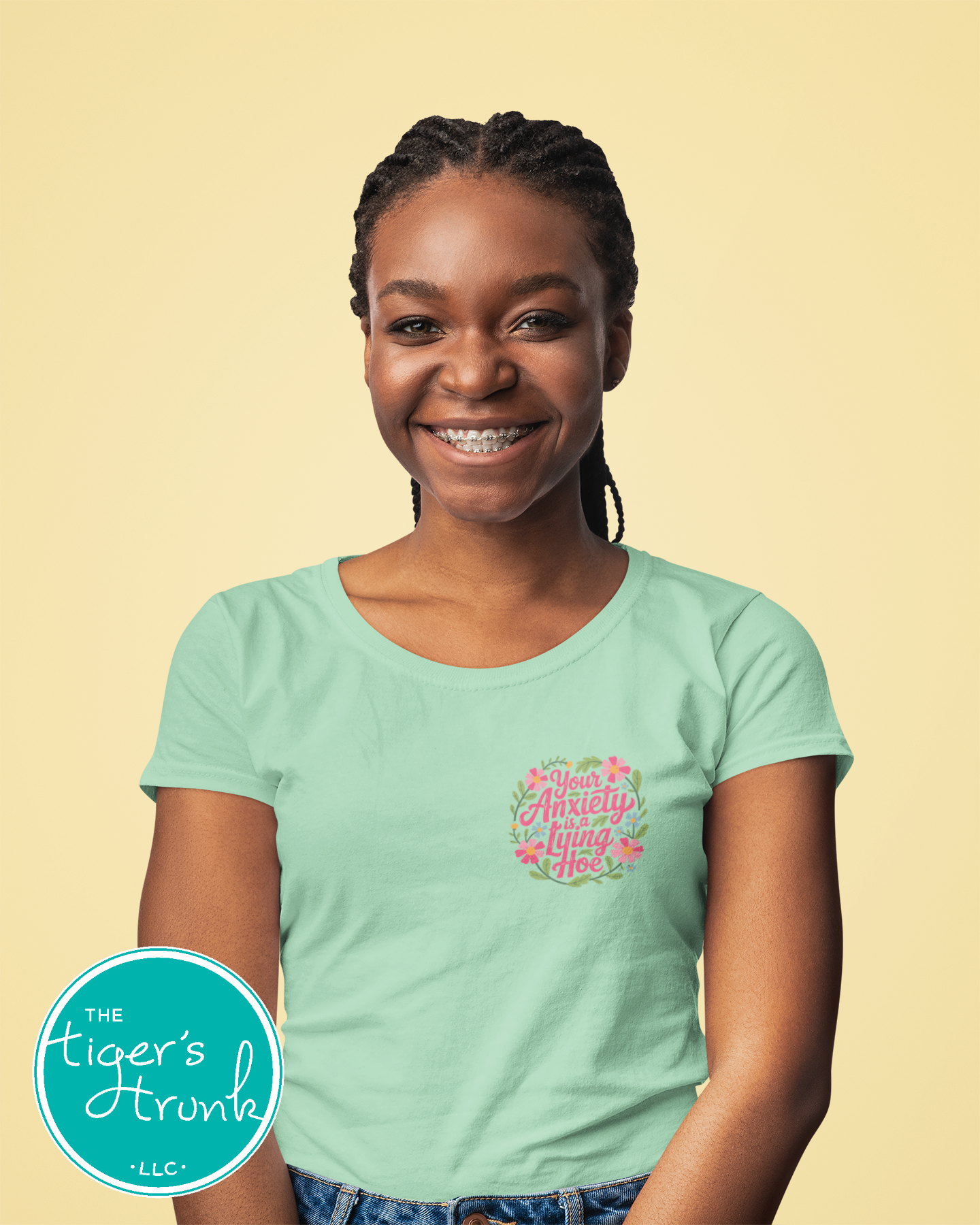 Funny mental health t-shirt that reads Your Anxiety Is a Lying Hoe, bold graphic tee for anxiety support and self care