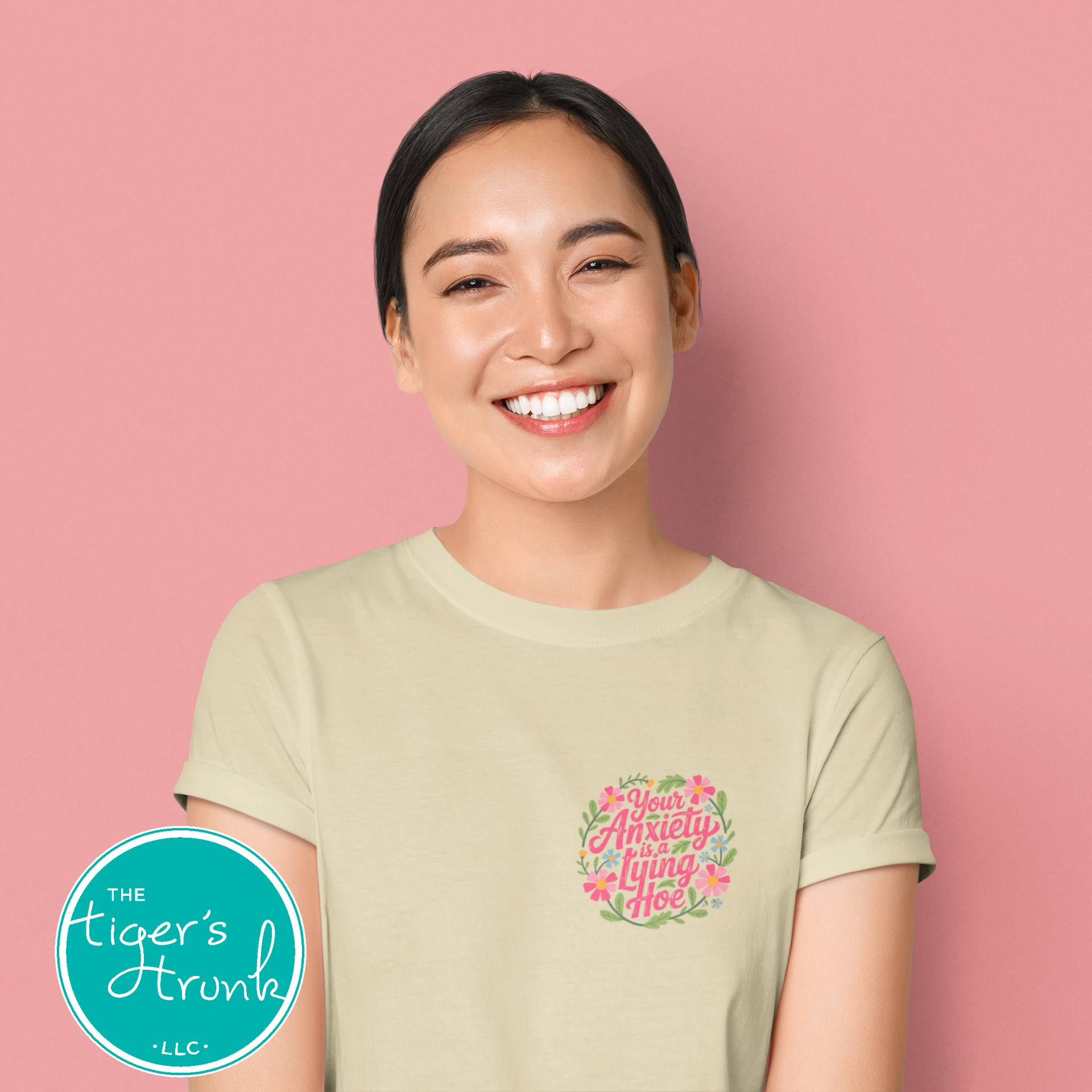 Funny mental health t-shirt that reads Your Anxiety Is a Lying Hoe, bold graphic tee for anxiety support and self care