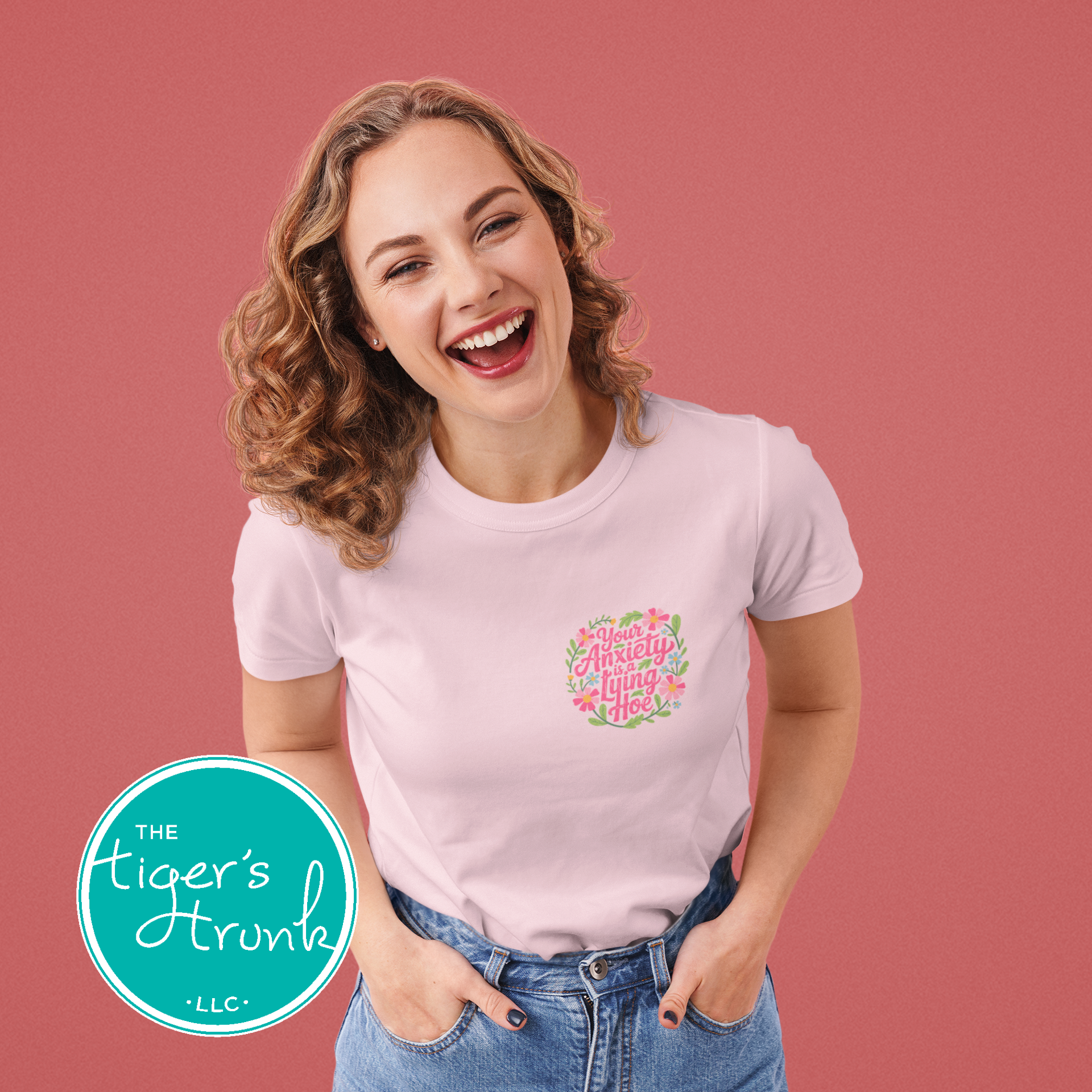 Funny mental health t-shirt that reads Your Anxiety Is a Lying Hoe, bold graphic tee for anxiety support and self care