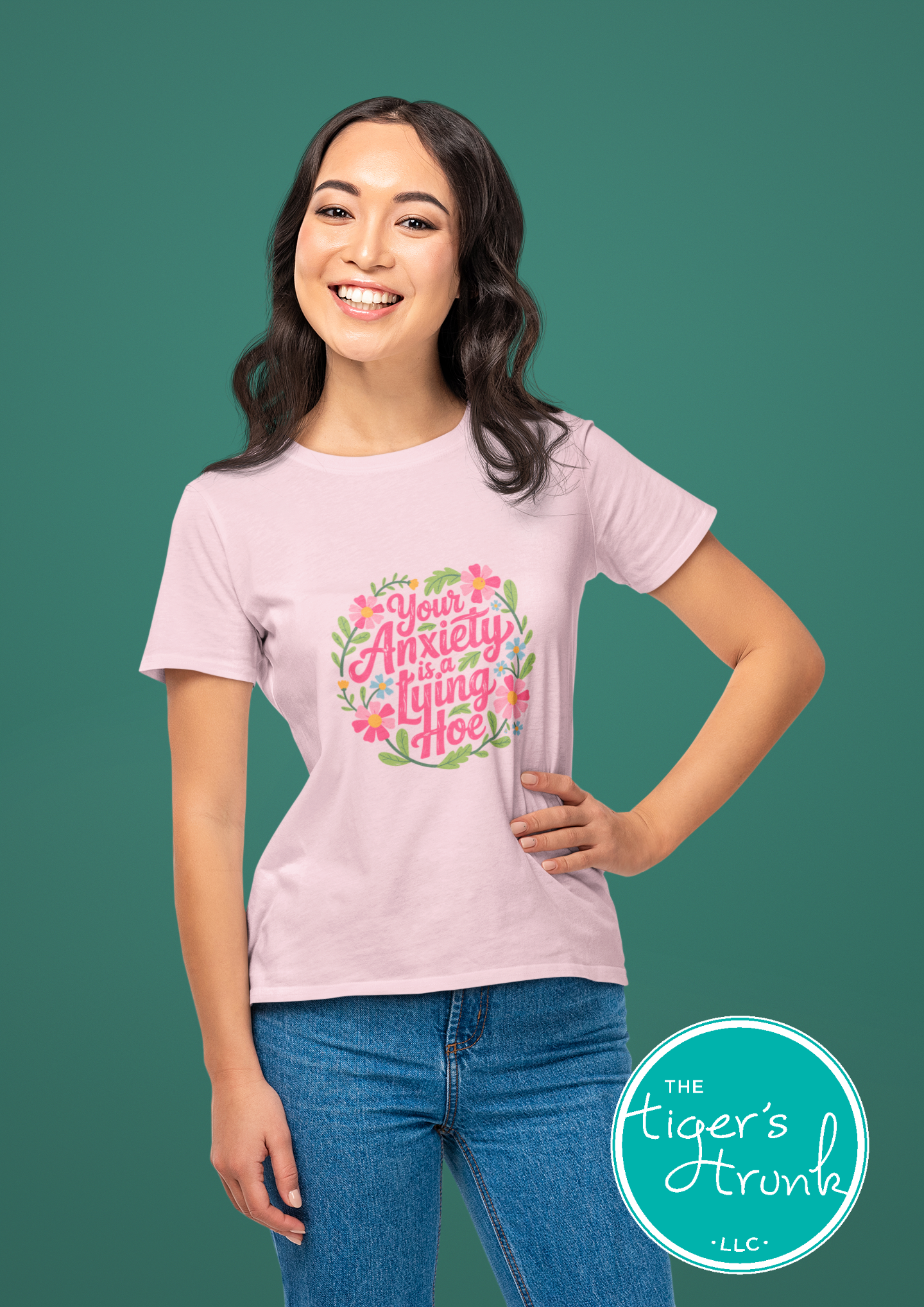 Funny mental health t-shirt that reads Your Anxiety Is a Lying Hoe, bold graphic tee for anxiety support and self care