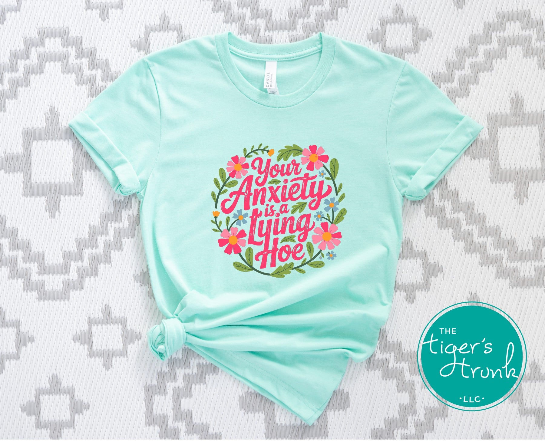 Funny mental health t-shirt that reads Your Anxiety Is a Lying Hoe, bold graphic tee for anxiety support and self care