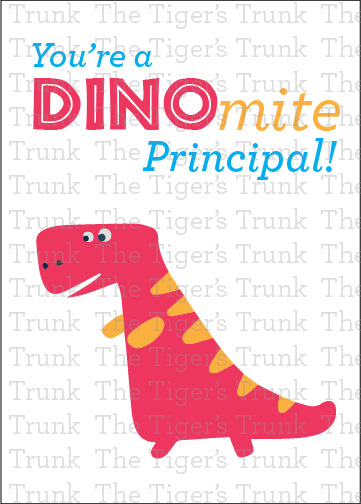 Printable Principal Appreciation card with a dinosaur theme and a fun thank-you message, available as an instant digital download in PDF format.