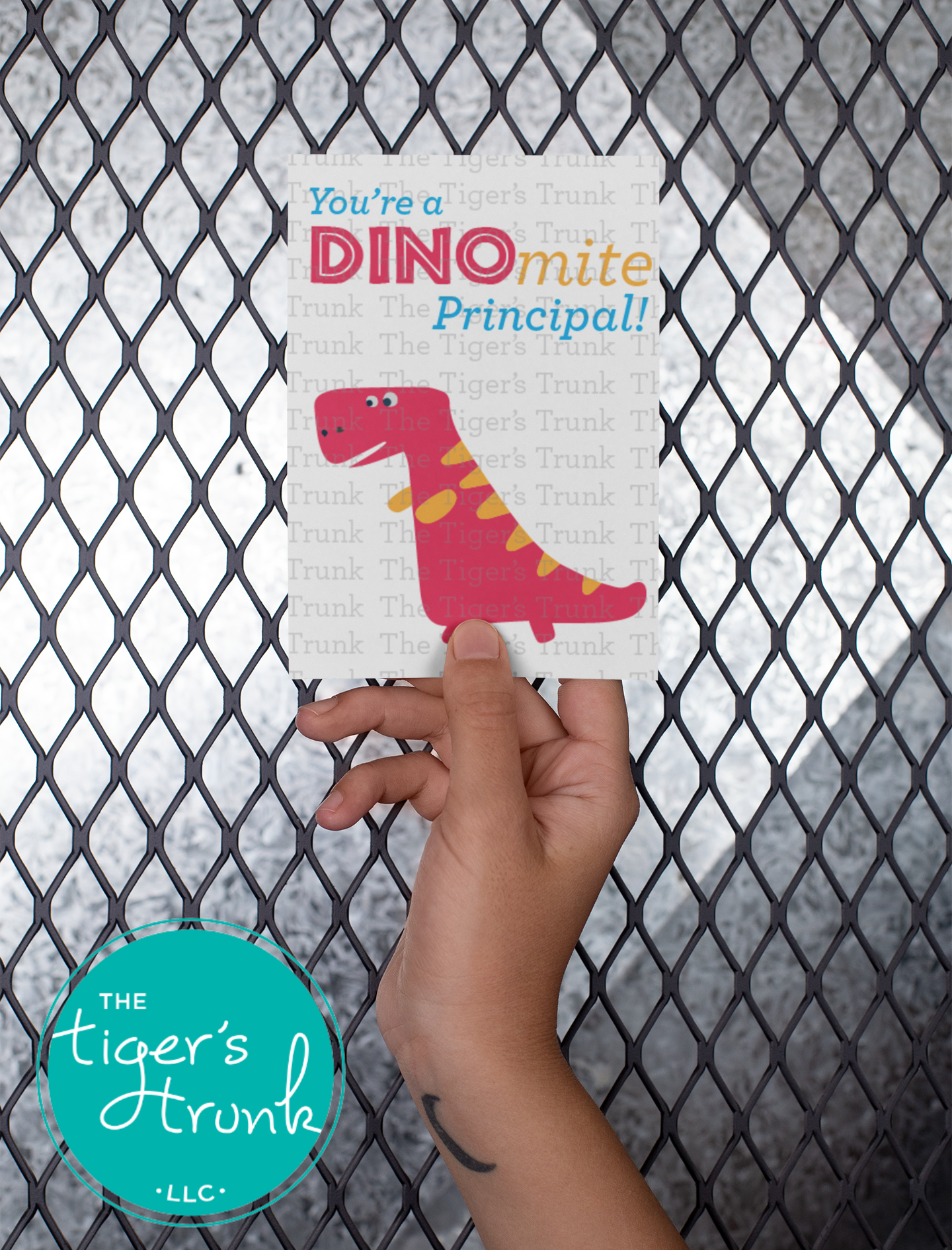 Printable Principal Appreciation card with a dinosaur theme and a fun thank-you message, available as an instant digital download in PDF format.