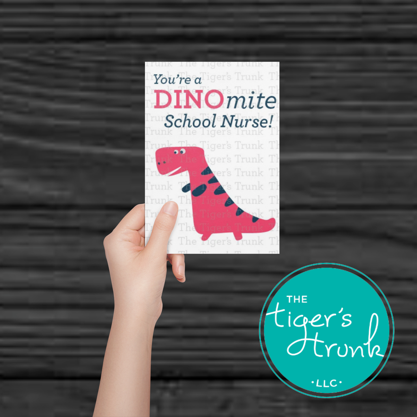Printable nurse card with dinosaur and the message "You're a DINOmite School Nurse," fun thank-you for school Nurse Appreciation Day