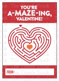 Maze-themed Valentine cards with messages like "You’re Amazing" and "I’m Lost Without You," perfect for kids.