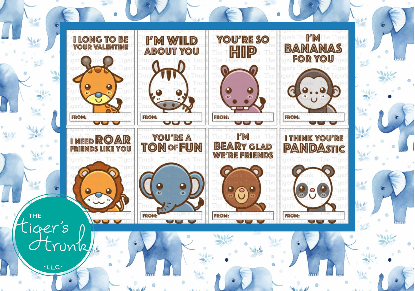 Printable animal-themed Valentine cards with funny puns, instant download, perfect for classroom Valentine exchanges and non-candy gifts.