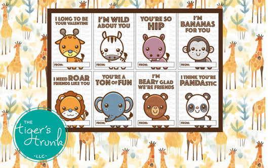 Printable animal-themed Valentine cards with funny puns, instant download, perfect for classroom Valentine exchanges and non-candy gifts.