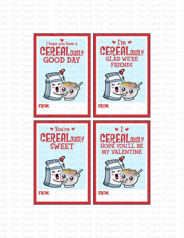 Printable rectangular cereal-themed Valentine’s cards featuring fun messages like "I CEREALously Like You" and "Life is CEREALously Better with You."