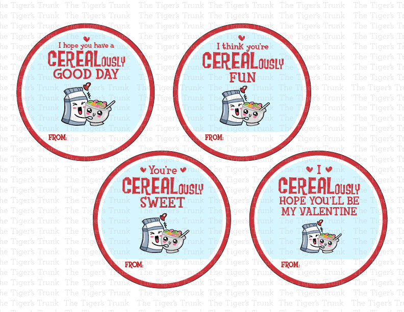 Printable round cereal-themed Valentine’s cards featuring fun messages like "I CEREALously Like You" and "Life is CEREALously Better with You."