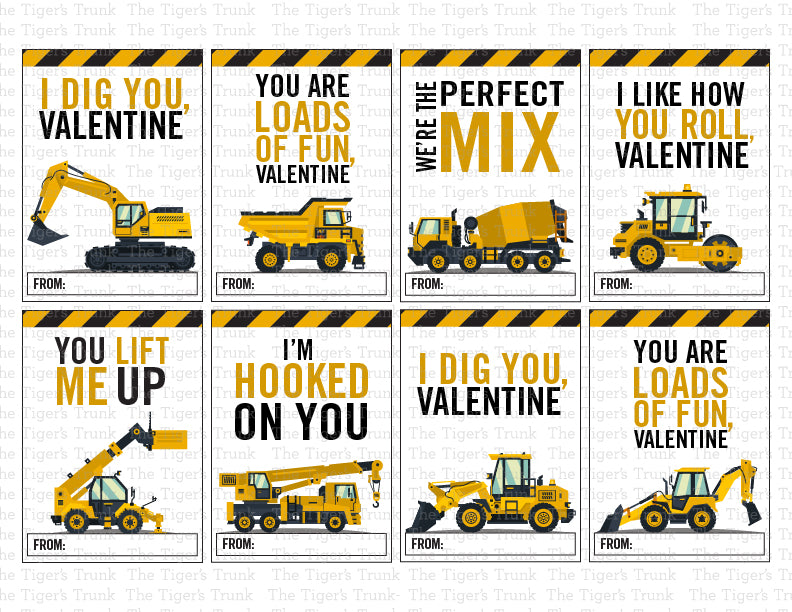 Digital download construction Valentine cards for kids with 8 unique designs on one printable page, featuring trucks and excavators.