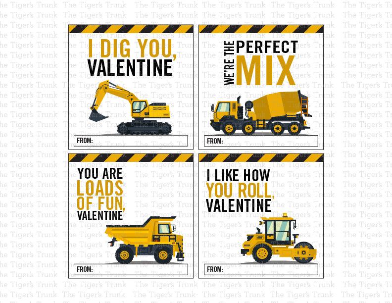 Digital download construction-themed Valentine tags featuring 8 square designs with trucks and excavators on one printable page.