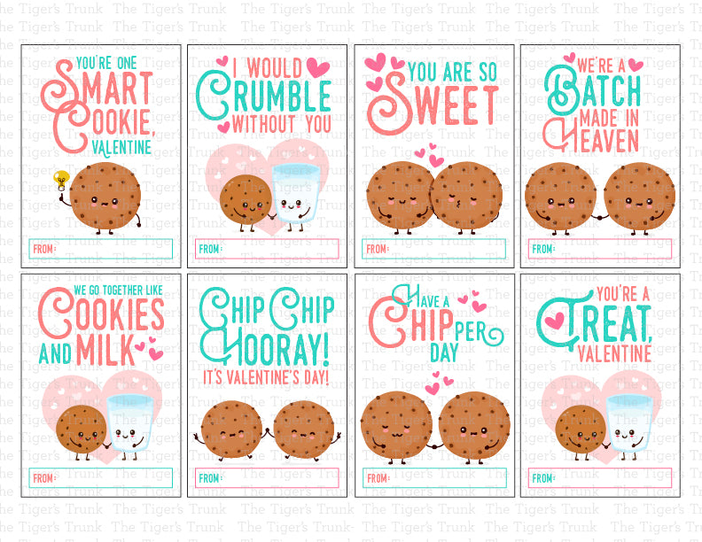 Digital download cookie-themed Valentine cards for kids, featuring fun designs and phrases, perfect for DIY classroom exchanges.