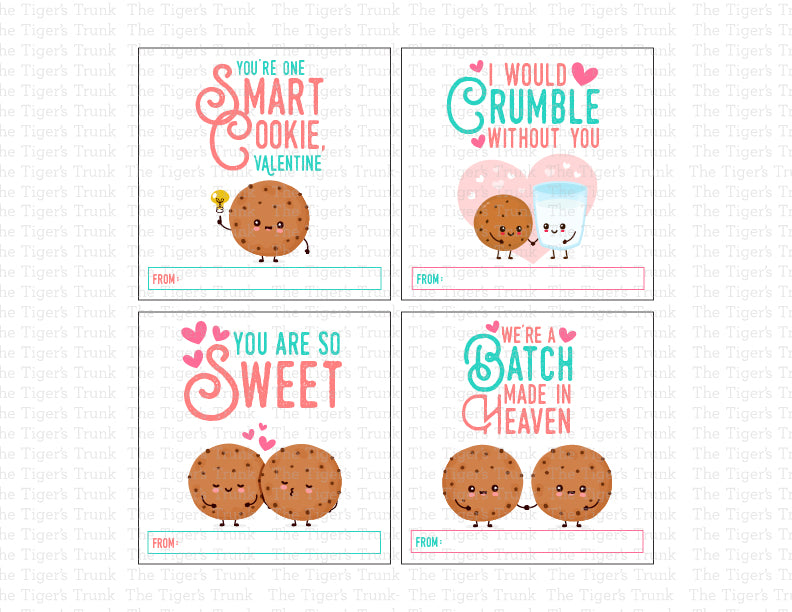 Digital download cookie-themed Valentine tags for kids, featuring fun designs and phrases, perfect for DIY classroom exchanges.