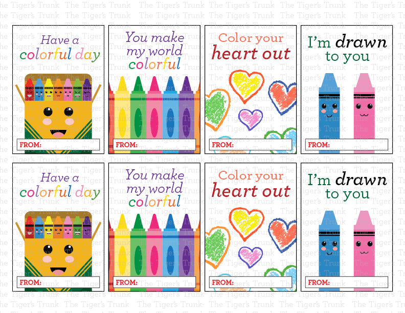 Digital download crayon-themed Valentine’s cards featuring vibrant designs and playful phrases, perfect for kids.
