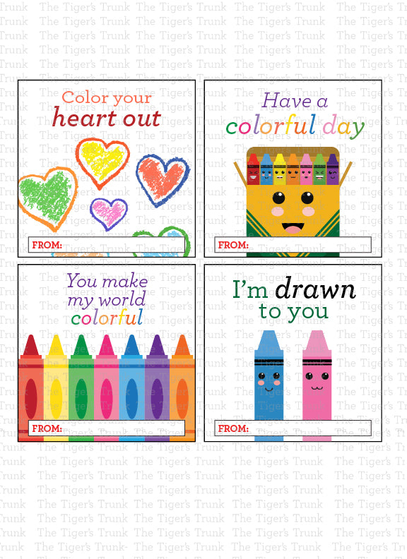 Digital download crayon-themed Valentine square tags featuring vibrant designs and playful phrases, perfect for kids.