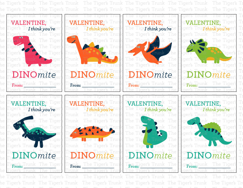 Printable dinosaur Valentine cards with colorful designs and the phrase "Valentine, I Think You’re DINOmite!" Instant download.