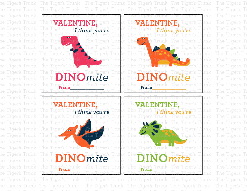 Printable Valentine tags with colorful dinosaur designs and the phrase "Valentine, I Think You’re DINOmite!" Perfect for kids, instant download.