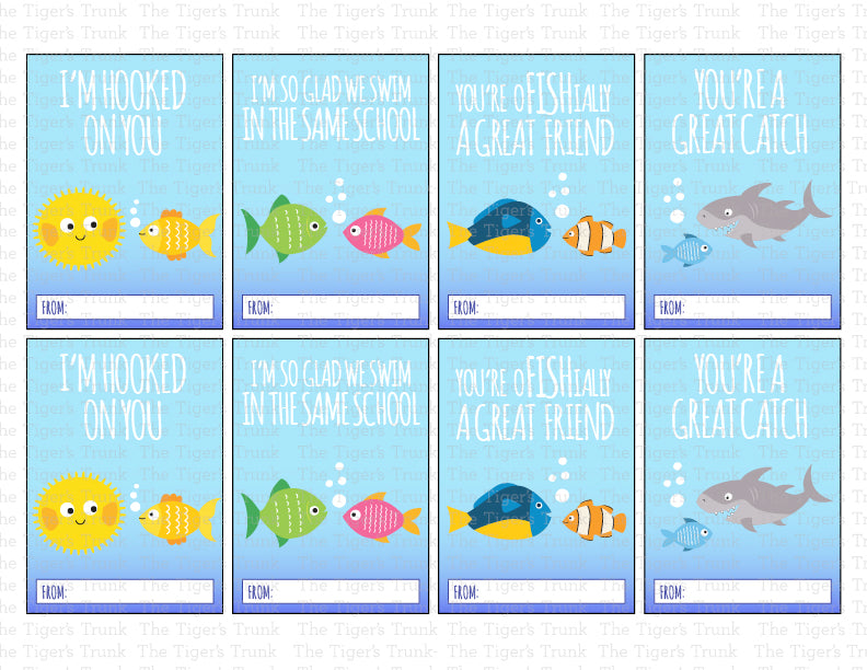 Printable fish-themed Valentine cards with fun puns, instant download non-candy Valentine gifts for classroom exchanges and party favors.