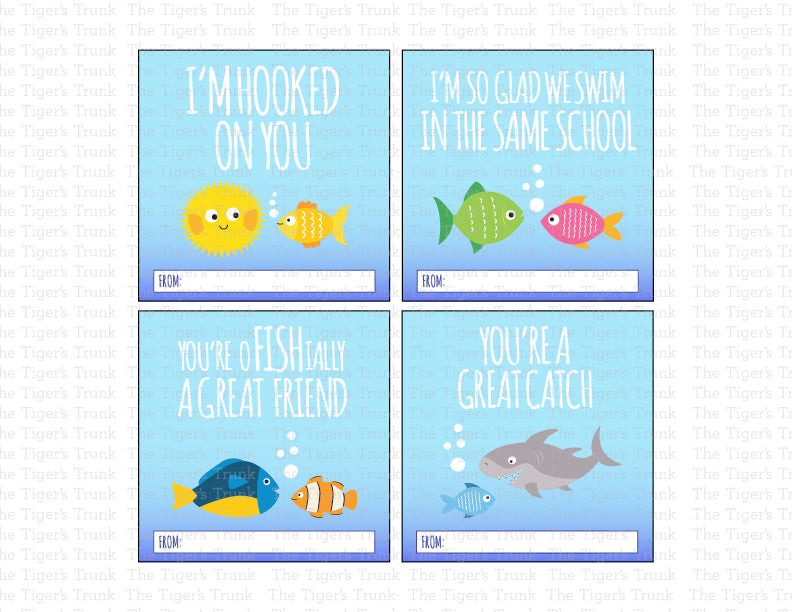Printable fish-themed Valentine tags with fun puns, instant download non-candy Valentine gifts for classroom exchanges and party favors.