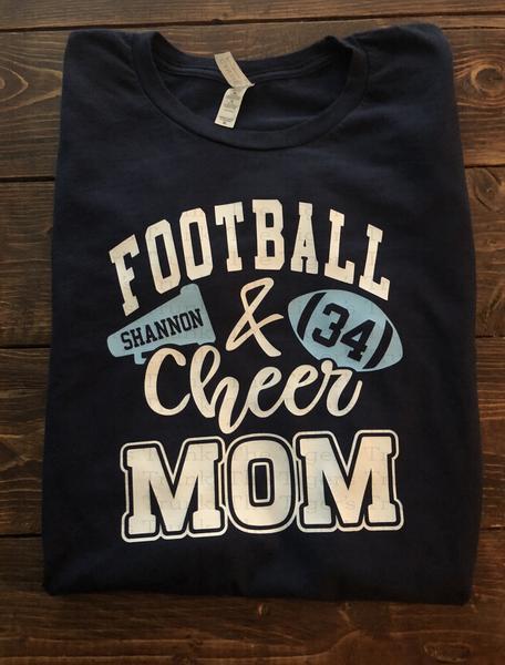 Custom Football and Cheer Mom shirt with megaphone and football, personalized with school colors, cheerleader name, and player number or name