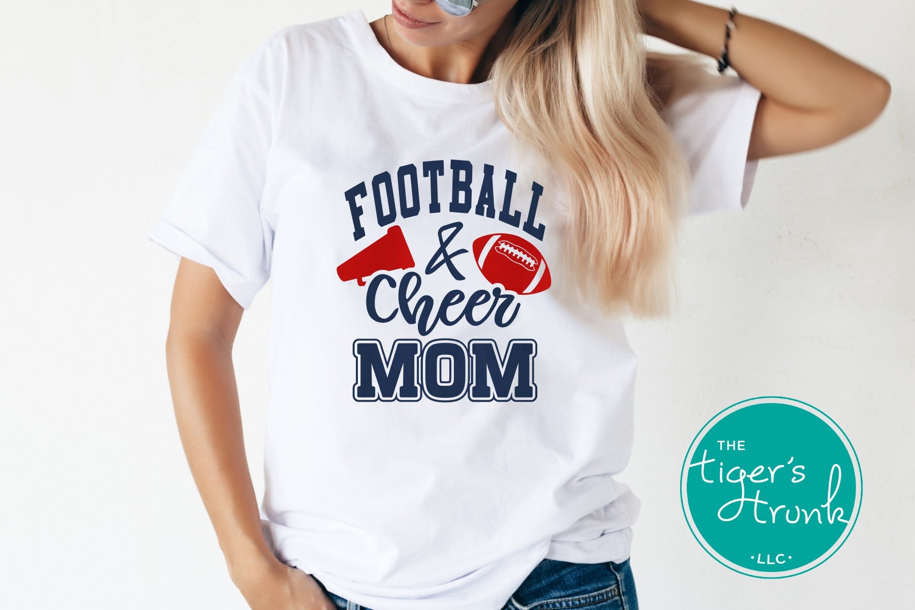 Football and Cheer Mom shirt with megaphone and football design, personalized with school colors and mascot, custom game day t-shirt for moms