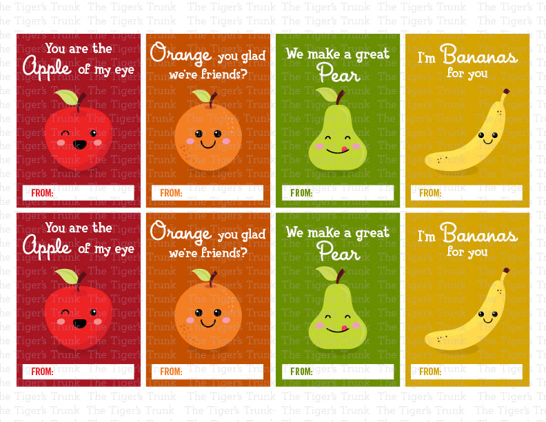 Printable Fruit-Themed Valentine Cards, Fun Classroom Valentines for Kids, Instant Download