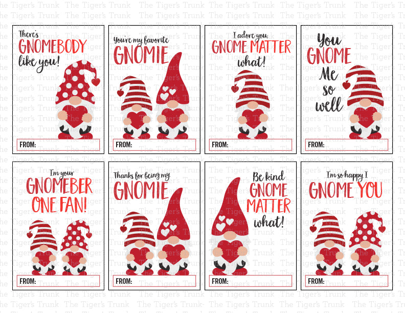 Gnome-themed printable Valentine cards with 8 unique designs, perfect for classroom exchanges and kids, instant download.