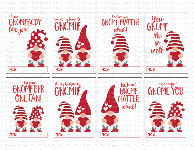 Gnome-themed printable Valentine’s cards featuring 8 unique designs, perfect for kids and classroom exchanges.